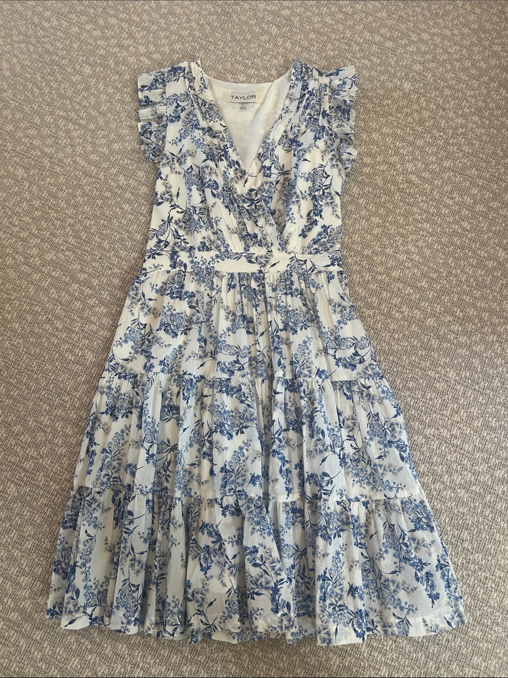 Taylor White and Blue Floral Tiered Midi Dress. Size 4. Like new. Worn once